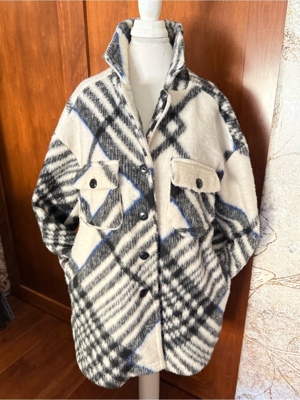 ⚜️ ANINE BING OAKLEY OVERSIZED PLAID JACKET SIZE S BLACK/CREAM/BLUE ⚜️